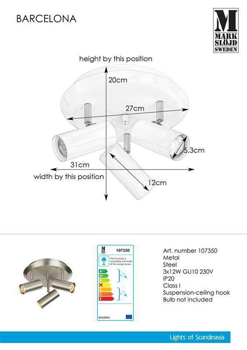 Barcelona taklampe stål 3 spotter - Stål-Taklamper-Marksløjd-Stål-Mrk-107350-Lightup.no