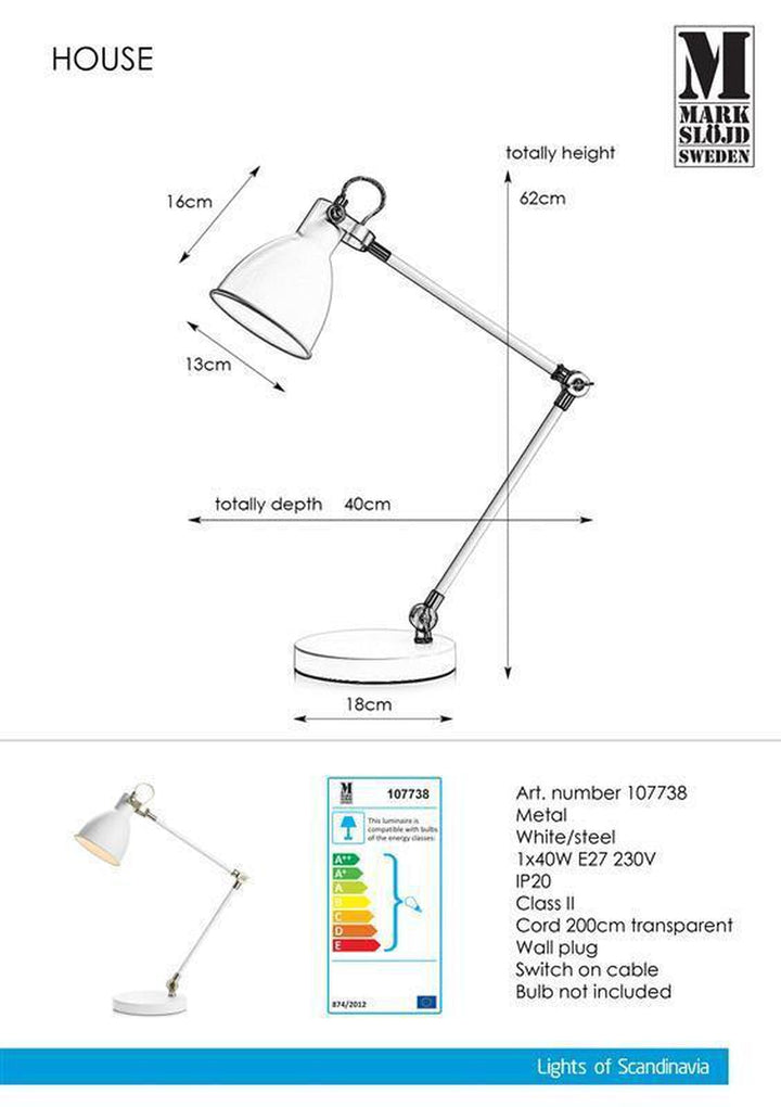 House bordlampe hvit/stål - Hvit / Stål-Bordlamper-Marksløjd-Hvit / Stål-Mrk-107738-Lightup.no