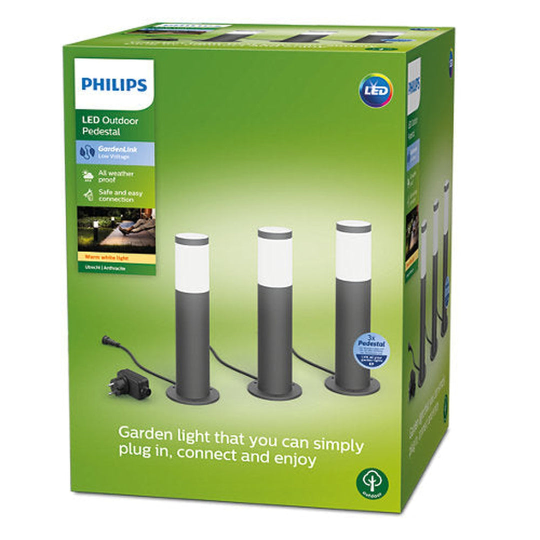 Philips Gardenlink 34,9 cm pullert 2700K 6W IP44 3-pakning - Antrasitt - 12Volt-Utebelysning pullert-Philips-Antrasitt-929003262201-Lightup.no