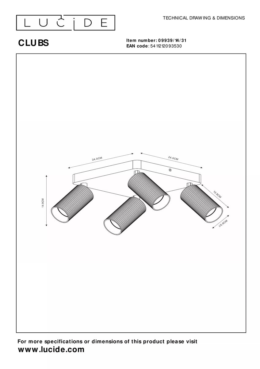 Clubs takspot 4-lys - Hvit-Taklamper-Lucide-Hvit-LC09939/14/31-Lightup.no