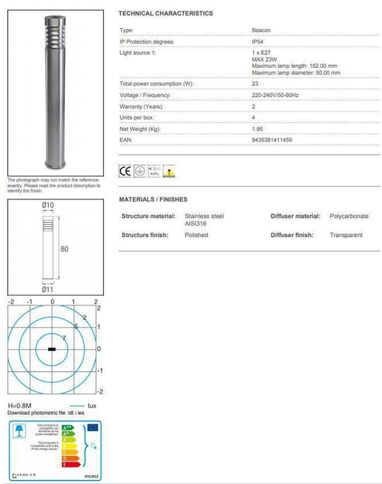 Priap pullert 80 cm, inox aisi 316-Utebelysning pullert-NorDesign-Stål-55-9440-CA-M2-Lightup.no